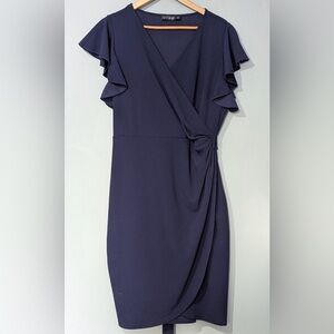 OTEN - Elegant Navy Blue Ruffle Wrap Dress